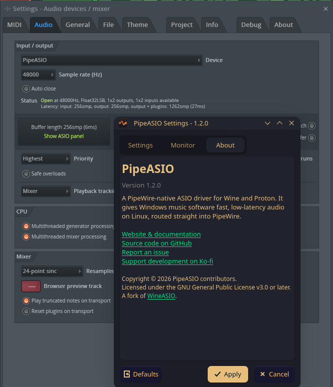 PipeASIO About tab over FL Studio