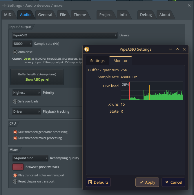 PipeASIO Monitor tab over FL Studio