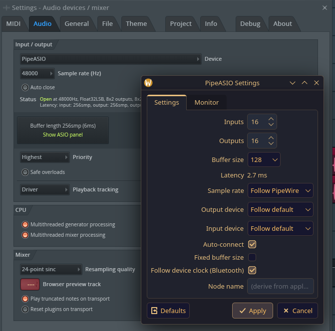 PipeASIO Settings tab over FL Studio