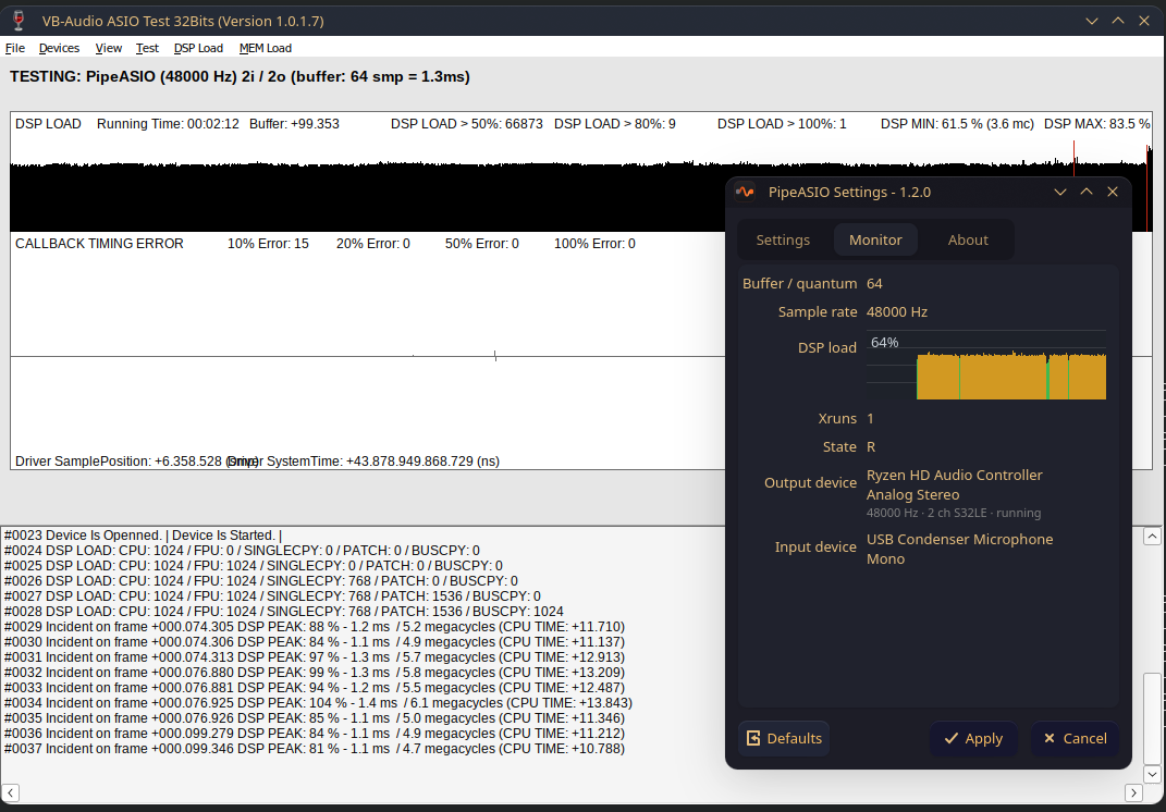 PipeASIO running under VB-Audio VBASIOTest32, a 32-bit ASIO host, via WoW64